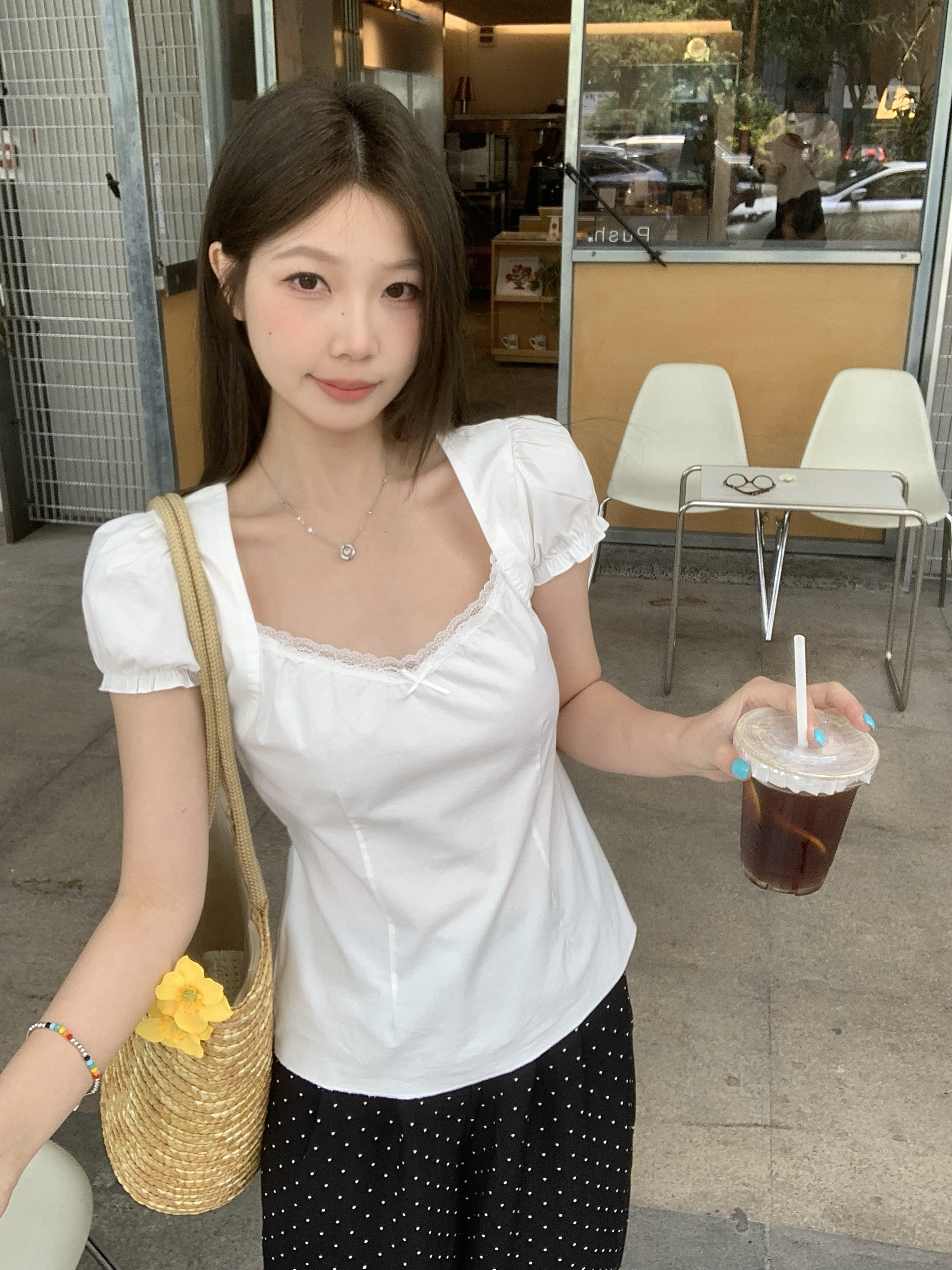 MY8303# 大码夏季新款蕾丝边方领后背绑带收腰显瘦短袖纯欲风衬衫女裝貨源服裝批發