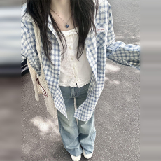 批发蓝白色小熊蝴蝶结<b class='q'>印花</b>格子<b class='q'>衬衫</b>外套女2026秋季新款蕾丝双层领上衣