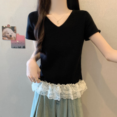 批发实拍 胖妹妹夏装大码女装设计感蕾丝拼接<b class='q'>短袖</b>T恤显瘦冰丝洋气上衣