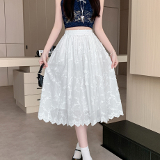 批发白色刺绣松紧腰a字半身裙女春气质小个子显瘦中长款仙女裙女