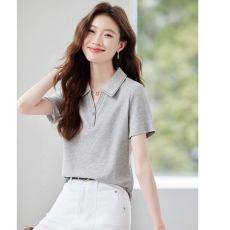 批发通勤百搭POLO领撞色T恤女2026夏季华夫格刺绣线设计感上衣