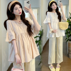 批发实拍孕妇<b class='q'>夏</b>季新款娃娃衫时尚宽松喇叭袖甜美提花棉衬衫托腹裤套装