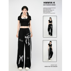 批发<b class='q'>爵士舞</b>服休闲ootd穿搭美式辣妹风chinT恤蝴蝶结设计感阔腿裤套装