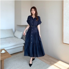 批发<b class='q'>韩国</b>chic 法式气质翻领系带收腰显瘦大裙摆连衣裙长裙 配腰带