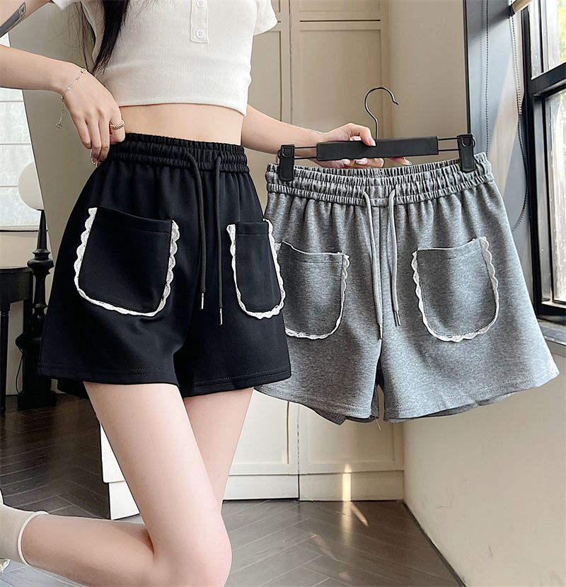 MY5737# 纯棉华棉 蕾丝边口袋夏新款ins显瘦高腰阔腿短裤女女裝貨源服裝批發