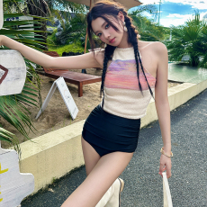 批发韩国ins风新款性感美背时尚针织彩色上衣高腰遮肚显瘦分体泳衣女