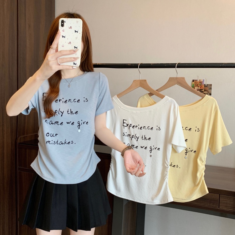 FA20794# 大码女装夏季新款收腰褶皱印花字母短袖T恤上衣 服裝批發女裝批發服飾貨源