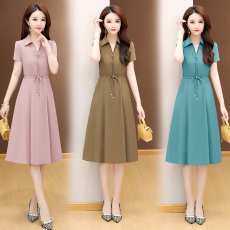 批发实拍有货 2026夏季新款短袖纯色连衣裙收腰显廋中长款气质