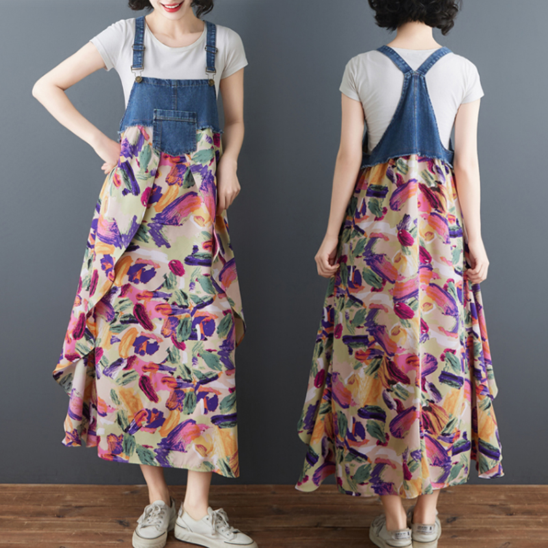 MY5421# 夏装新款荷叶边宽松雪纺印花牛仔设计感背带中长款连衣裙女裝貨源服裝批發