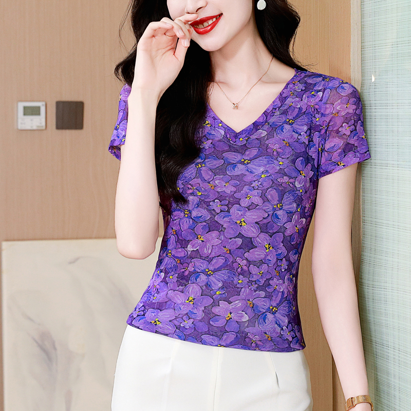 MY5470# 夏季时尚纱网印花短袖V领修身显瘦洋气上衣潮女裝貨源服裝批發