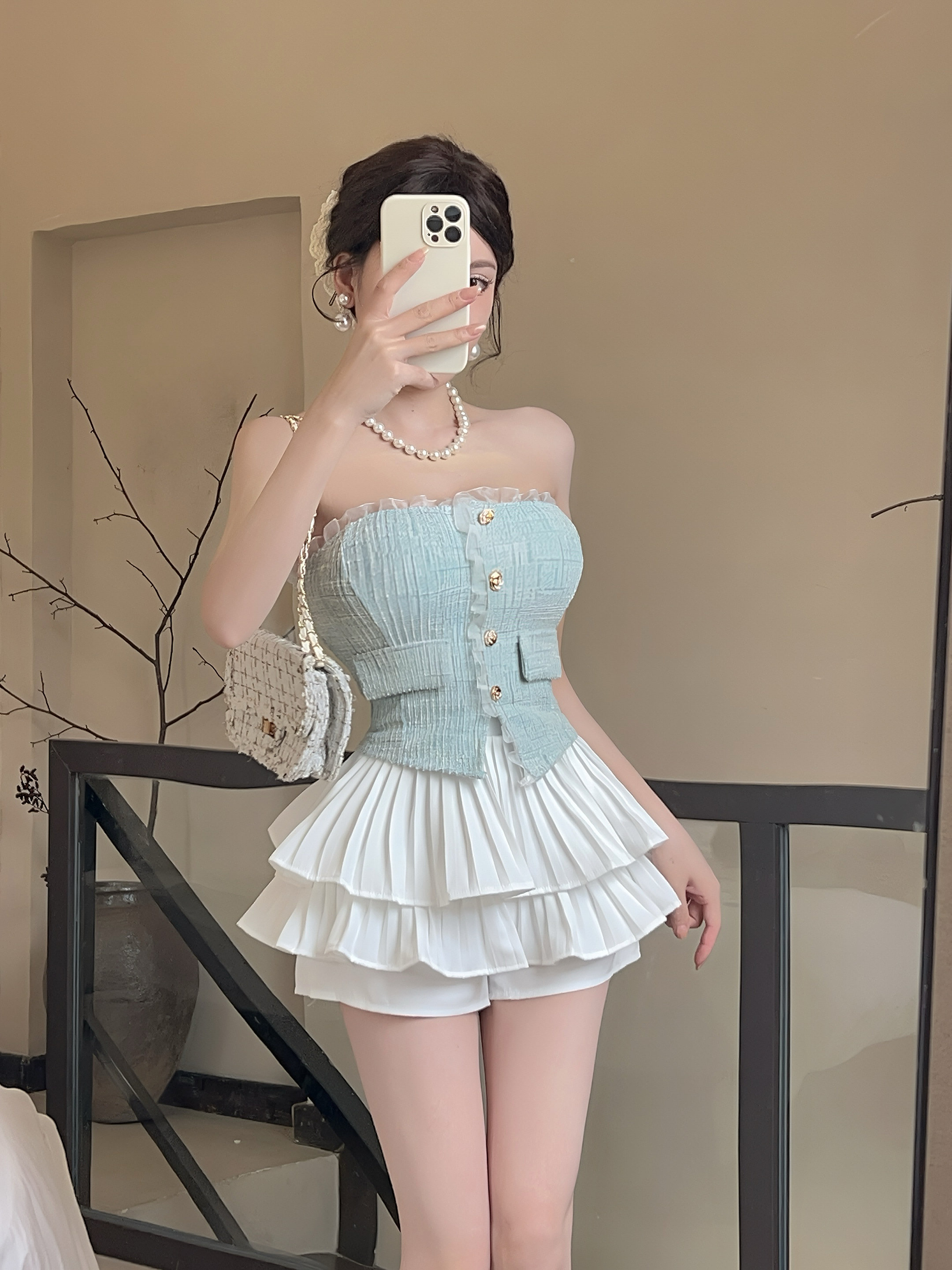 FA22687# 小香风花边吊带背心女纯欲辣妹一字肩显瘦衣高腰百搭半裙套装 服裝批發女裝批發服飾貨源