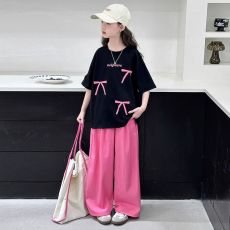 批发女童夏季短袖套装2025新款洋气女大童装夏休闲T恤儿童薄款阔腿裤