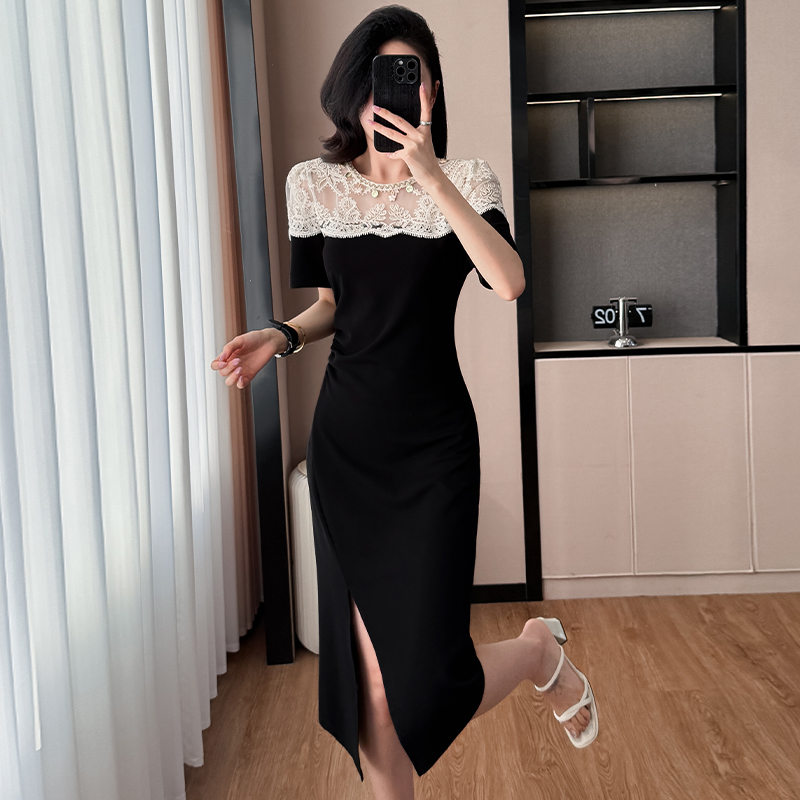MY7236# 实拍花边连衣裙皱褶开叉中长款大码T恤裙女夏