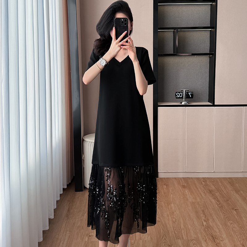 MY7234# 实拍V领连衣裙亮闪闪网纱拼接宽松显瘦中长款大码T恤裙女夏