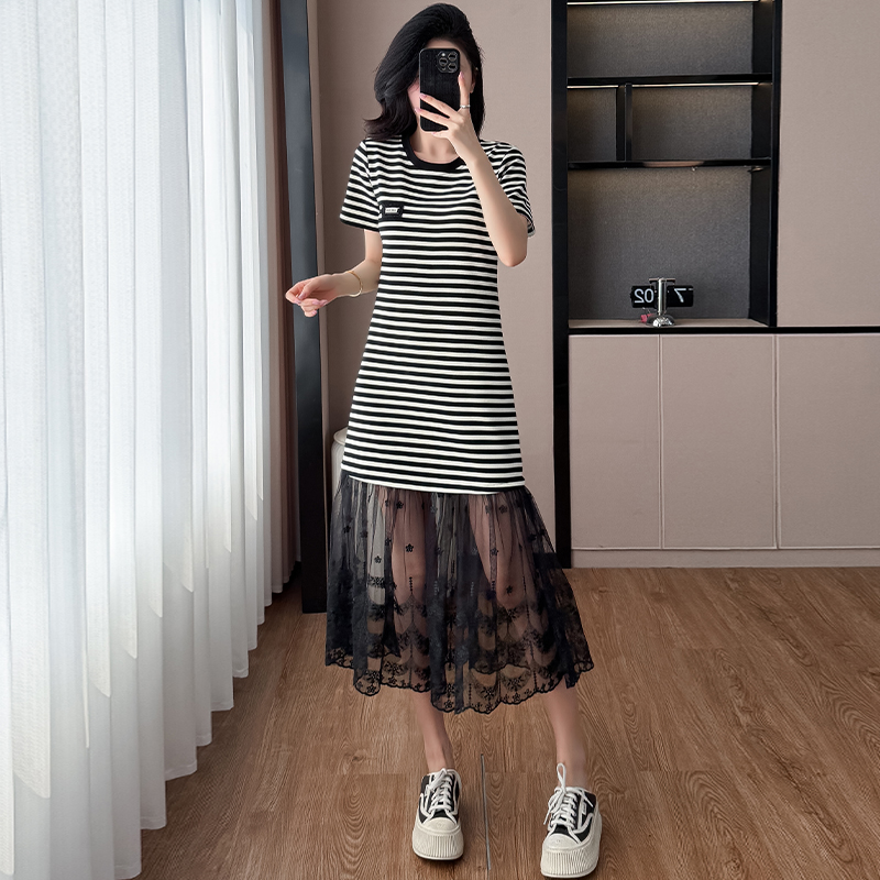 MY7233# 实拍花边拼接连衣裙条纹遮肉显瘦中长款大码T恤裙女夏