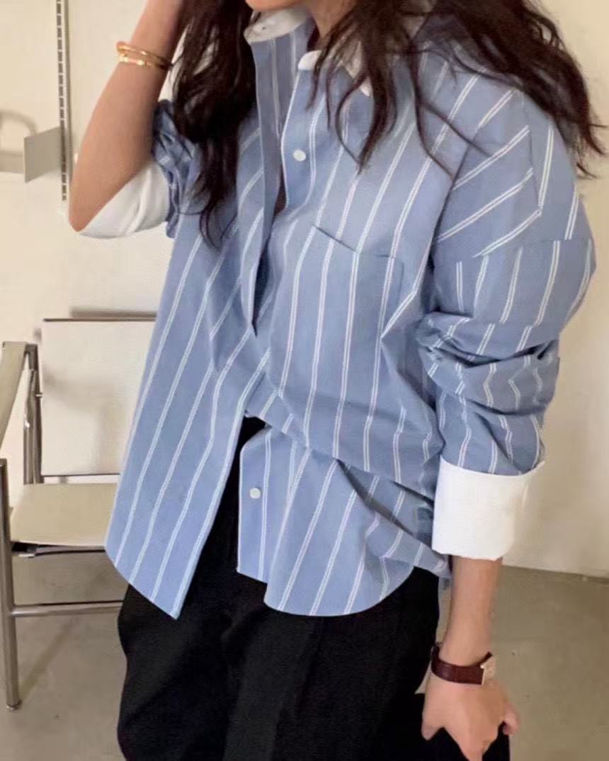 한 부서 빛 요리 한 패치워크 색상 스트라이프 긴팔 셔츠 한국 스타일 chic 빛 요리 한 패션 루즈핏 빅 사이즈 여성