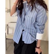 批发26春 韩国代购 拼色条纹<b class='q'>长袖</b>衬衫 韩版chic 轻熟时尚 宽松大码女