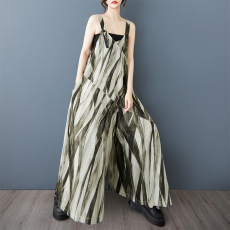 批发实拍复古水墨印花吊带<b class='q'>连体裤</b>夏季撞色条纹高腰长款宽松背带阔腿裤