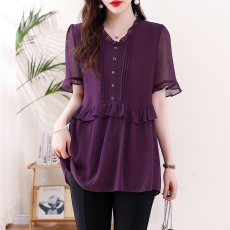 批发2026夏季新款胖妹妹V领木耳边<b class='q'>加肥</b><b class='q'>加大</b>气质显瘦遮肚减龄雪纺上衣