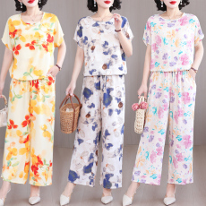 批发实拍棉绸花色套装女<b class='q'>夏</b>季抽绳短袖+阔腿长裤大码妈妈装外穿两件套