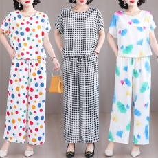 批发实拍棉绸花色套装女夏季抽绳短袖+阔腿长裤大码妈妈装外穿两件套