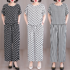 批发实拍棉绸花色套装女夏季抽绳短袖+阔腿长裤大码妈妈装外穿两件套