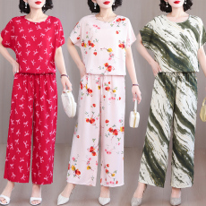 批发实拍棉绸花色套装女<b class='q'>夏</b>季抽绳短袖+阔腿长裤大码妈妈装外穿两件套