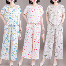 批发实拍棉绸花色套装女夏季抽绳短袖+阔腿长裤大码妈妈装外穿两件套
