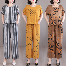 批发实拍棉绸花色套装女夏季抽绳短袖+阔腿长裤大码妈妈装外穿两件套