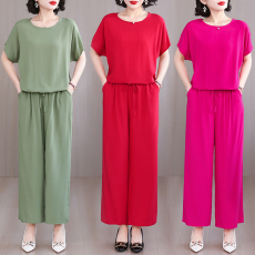 批发实拍棉绸纯色套装女夏季抽绳短袖+阔腿长裤大码妈妈装外穿两件套