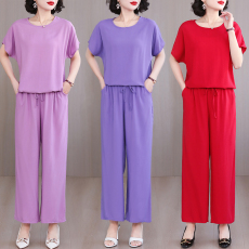 批发实拍棉绸纯色套装女夏季抽绳短袖+阔腿长裤大码妈妈装外穿两件套