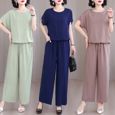 批发实拍棉绸纯色套装女夏季抽绳短袖+阔腿长裤大码妈妈装外穿两件套