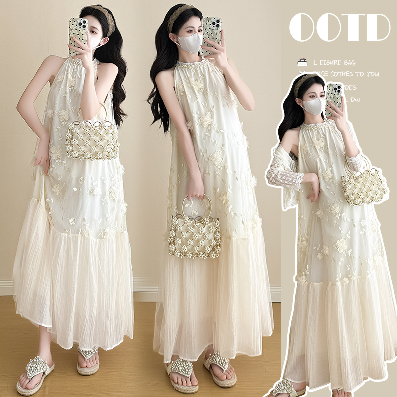 실사 새로운 출산 착용 한국 스타일 쉬폰 임산부 행침 목 슬립 드레스 작은 열림 셔츠 투피스 세트 임산부 세트