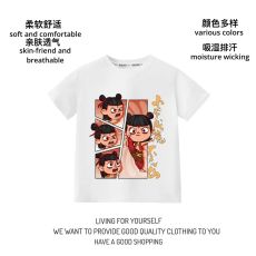 批发精梳纯棉儿童纯色T恤夏装新款创意小爷哪吒印花哪吒纯色T恤短袖衫