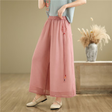 批发实拍夏季文艺纯色绣花双层中国风瑜伽宽松舞蹈练功服阔腿长裤