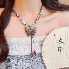 批发新中式禅意中古风长款流苏蝴蝶项链女轻奢小众复古串珠锁骨链颈链
