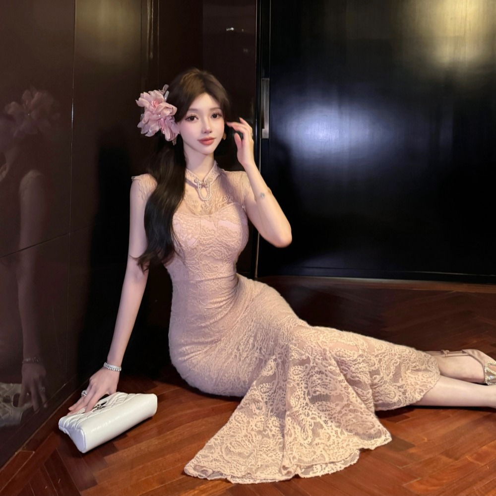 名媛气质女神纯欲温柔高级感性感蕾丝鱼尾连衣裙 服裝批發女裝批發服飾貨源