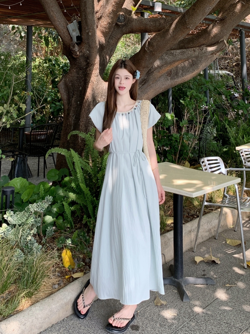 실사 2026 봄 여름 새로운 휴가 바람 비즈 칼라 백리스 허리 수축 레이스업 슬림해 보이는 드레스 품격 롱 스커트