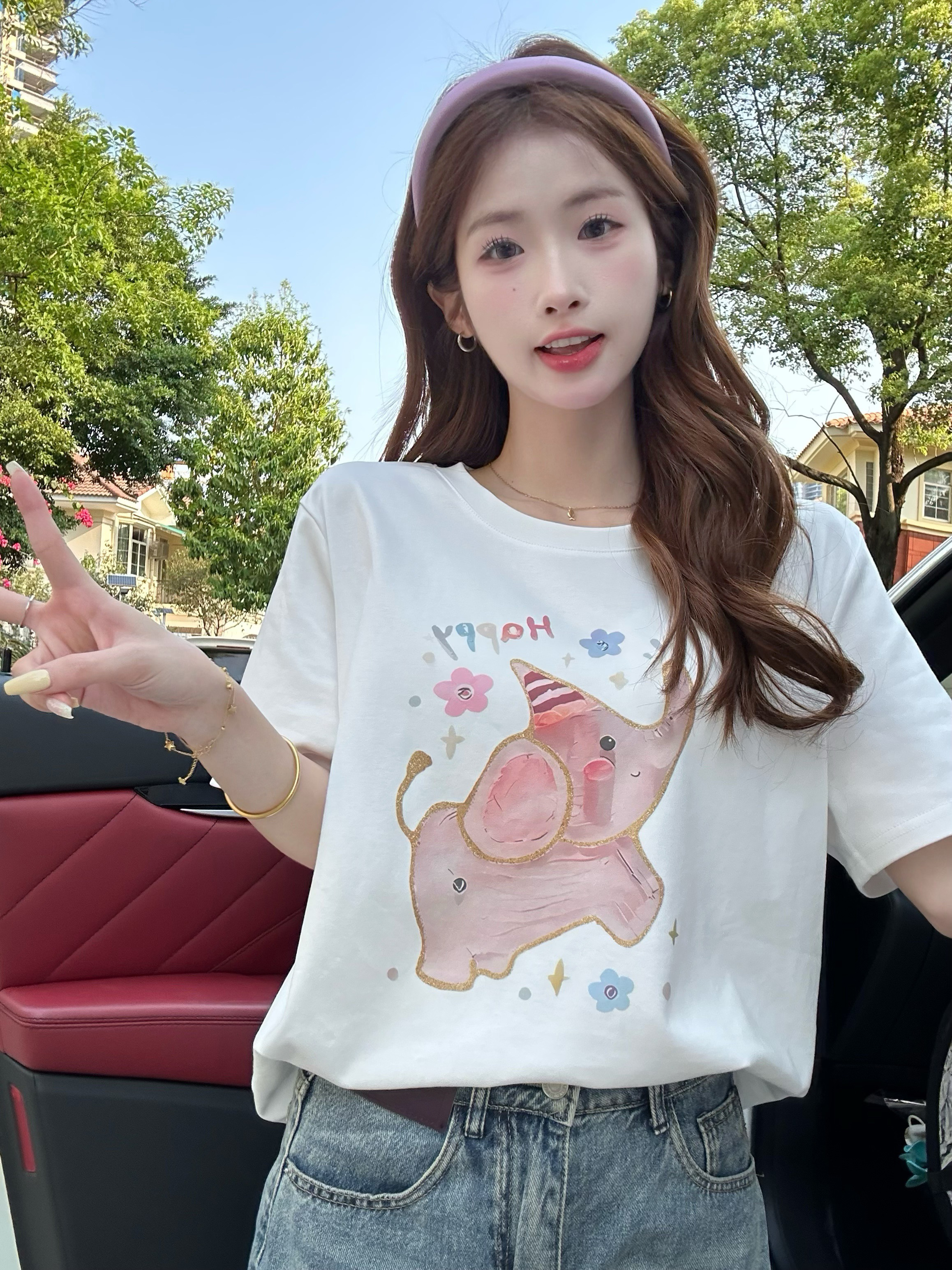 실사 정가 여름 새로운 한국 스타일 루즈핏 다용도 캐주얼 만화 프린트 라운드 넥 반팔 티셔츠 맨위