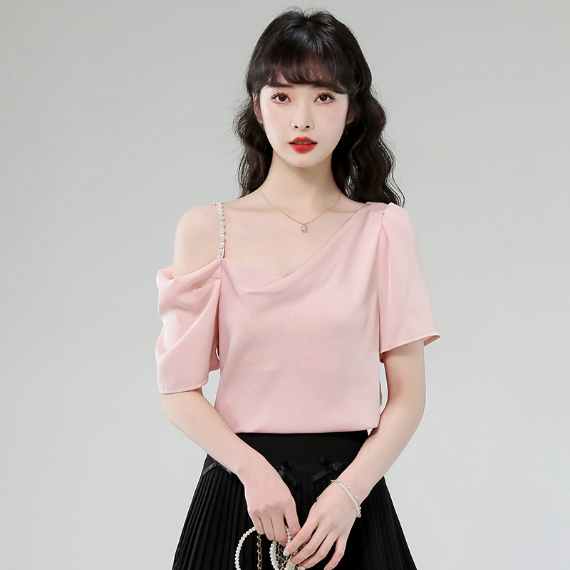 MY5721# 缎面单肩领小衫女夏季新款短袖温柔优雅气质百搭短款吊带上衣女裝貨源服裝批發