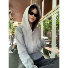 批发美式复古灰色小个子连帽短款<b class='q'>卫衣</b>女2025新款春秋<b class='q'>开衫</b>拉链上衣外套