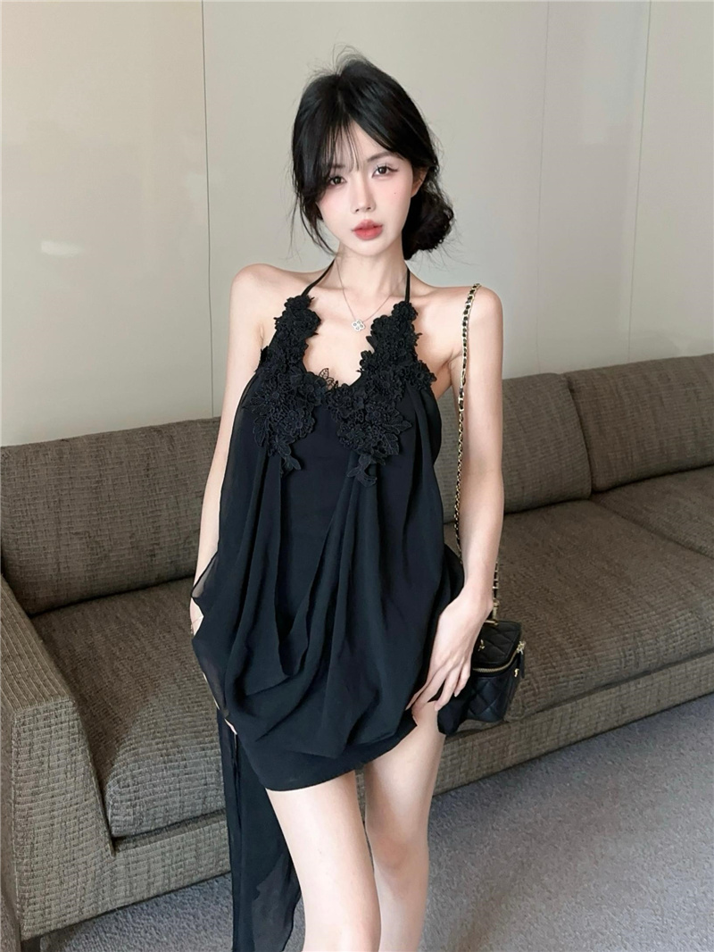 실사 정가 남양 하나 꿈 드레스 여름 쉬폰 행침 목 레이스 백리스 디자인 센스 검정색 미니 스커트