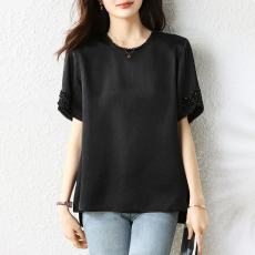 批发实拍夏季新款时尚减龄百搭黑色短袖大码<b class='q'>女装</b><b class='q'>胖</b>mm<b class='q'>宽松</b>显瘦上衣