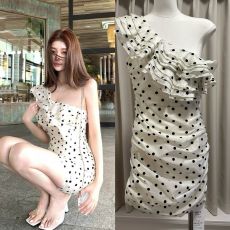 批发南法情书黑白波点荷叶边包臀短裙气质感修身显瘦连衣裙