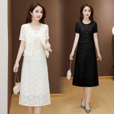 批发实拍 2026夏季新款大码短袖蕾丝连衣裙遮肚显瘦洋气小香风