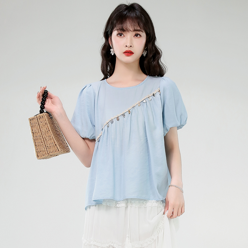 MY5720# 贝壳串珠泡泡短袖上衣设计感夏季时尚宽松显瘦百搭小衫女裝貨源服裝批發