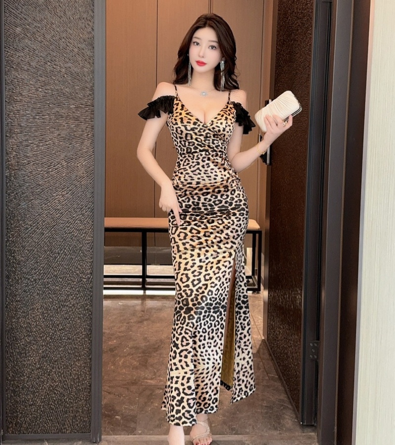 FA29272# 性感豹纹印花一字领吊带连衣长裙礼服长裙 服裝批發女裝批發服飾貨源