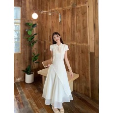 批发复古新中式旗袍连衣裙女夏季提花网纱盘扣拼接设计超仙气绝美<b class='q'>长裙</b>