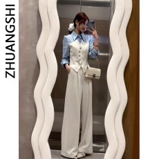 批发高级感假两件拼接上衣高腰阔腿裤两件套女春<b class='q'>秋</b>季气质显瘦时尚套装