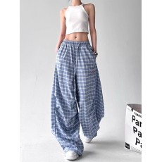 批发蓝色格子休闲运动<b class='q'>裤</b>子宽松bf慵懒风2026<b class='q'>新款</b>美式拖地微喇阔腿长<b class='q'>裤</b>